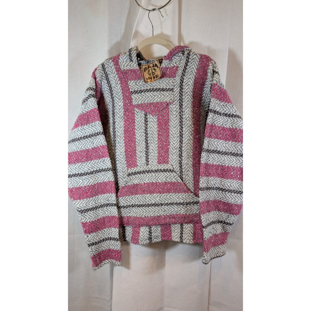 Baja Joe Mexican Baja Hoodie Pink White Gray Striped Pullover Drug Rug NWT Med.